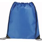 A blue drawstring backpack with black drawstrings and black reinforced bottom corners against a plain white background.