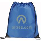 A blue drawstring backpack with black strings features the logo and text altrec.com printed in gray on the front.