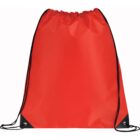 A bright red drawstring backpack with black drawstrings and reinforced black corners. The fabric appears smooth and glossy. The bag is empty and laid flat.