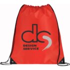 Red drawstring backpack with black strings, featuring the large initials ds in black and gray, and the text DESIGN SERVICE below.