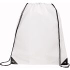 A plain white drawstring backpack with black strings and black reinforced corners, placed against a white background.