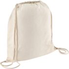 A beige canvas drawstring backpack with cream-colored strings resting against a plain white background. The bag is slightly open at the top, showing its flexible fabric and simple design.