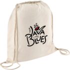 A beige drawstring backpack with the phrase Hot Java Cool Blues printed in black stylized font. Musical notes are incorporated into the design, along with a small red coffee cup illustration.