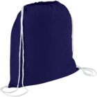 A navy blue drawstring backpack with white strings, standing upright.