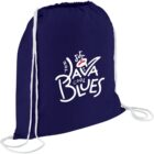 A navy blue drawstring backpack with white strings. It features a stylized design in white and red that reads Hot Java Cool Blues with a steaming cup of coffee graphic.