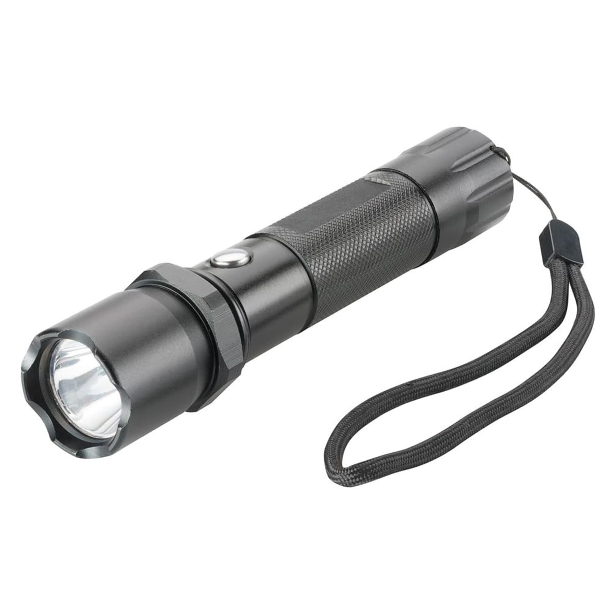 Black handheld flashlight with wrist strap, shown at an angle on a white background.