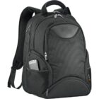 A sleek black backpack featuring multiple zippered compartments and side pockets. A smartphone is visible in a mesh side pocket. The backpack has padded shoulder straps and a sturdy top handle.