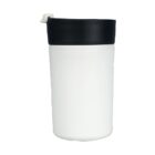 A white travel mug with a black lid and a small white latch on top. The lid appears to be designed for easy sipping. The mug is standing upright against a plain white background.
