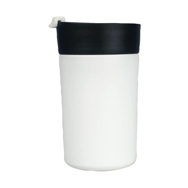 A white reusable mug with a black lid, featuring a small white tab on top for easy opening. The design is simple and modern, perfect for carrying coffee or tea on the go.