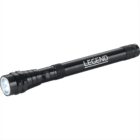 A black flashlight with a sleek, cylindrical design. The word LEGEND is printed in white letters on the side. The front light is on, emitting a bright beam.
