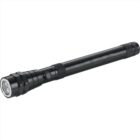 A black, cylindrical flashlight with a textured grip and a push button on the side. It has a sleek design and a shiny finish, with a lens cover on one end. The flashlight is positioned diagonally against a white background.