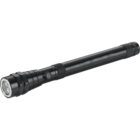 A black, cylindrical flashlight with a textured grip and a push button on the handle, featuring a clear lens at the front end.