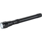 A slim black flashlight with a textured grip and round head emitting a small beam of light. The flashlight has a side button for operation and a slightly wider head compared to its body. It is set against a plain white background.