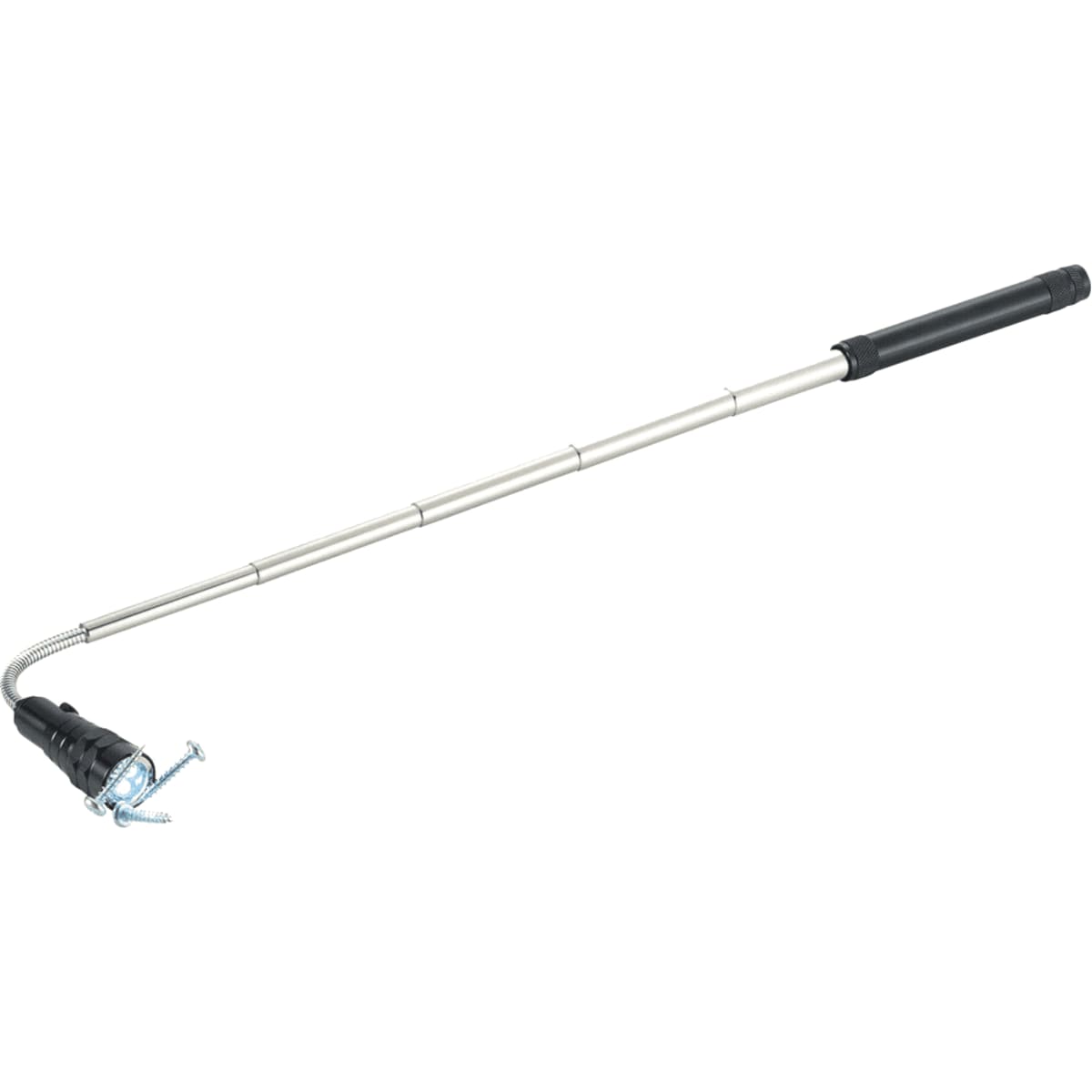 An extendable magnetic pick-up tool with a black handle, silver telescopic shaft, and magnetic claw head, used for retrieving metal objects in hard-to-reach places.