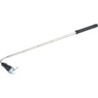 A telescopic magnetic pickup tool with a black handle, extended to full length. At the end, there are two metal screws attracted to the magnetic tip. The tool is designed for retrieving small metal objects from hard-to-reach places.