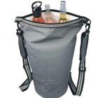 A grey insulated bag with black straps, containing three bottles: one with a black sports cap, one pink drink with a transparent cap, and a beer bottle. The bag is open, revealing the bottles standing upright inside.