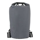 A gray waterproof dry bag with a roll-top closure secured by black clips. It has black and white striped straps on the sides, designed to keep contents dry, often used for outdoor activities like boating or hiking.
