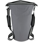 A gray waterproof dry bag with a roll-top closure and adjustable shoulder straps. It features padded sections for comfort and striped accents on the straps.