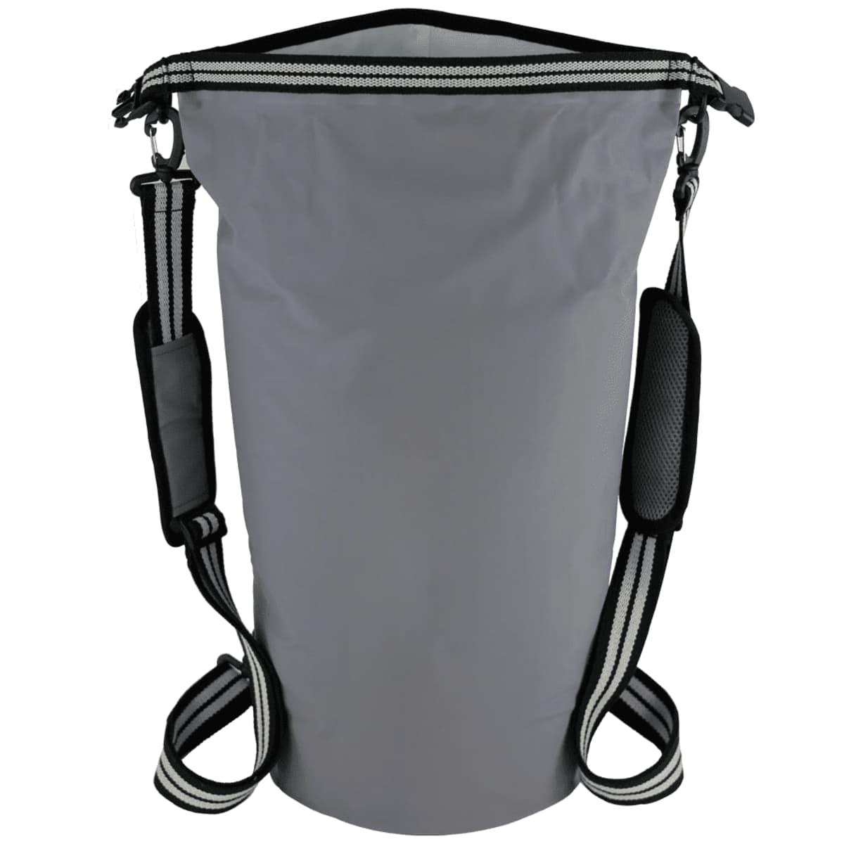 A gray waterproof dry bag with a roll-top closure and adjustable shoulder straps. It features padded sections for comfort and striped accents on the straps.