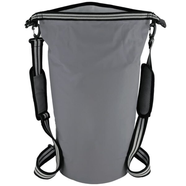 A gray dry bag with black and white adjustable shoulder straps. The bag has a cylindrical shape and a black rolled top closure, emphasizing its waterproof design.