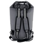 A gray backpack with black and white striped adjustable straps. It features padded shoulder cushions, a roll-top closure, and black metal buckles for fastening.