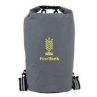 Gray waterproof bag with PineTech logo featuring a stylized yellow tree. The bag has adjustable black and gray straps and a roll-top closure with a black buckle. Designed for outdoor activities.