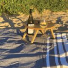 A wooden tray with a wine bottle, two glasses of wine, and snacks is set on a striped picnic blanket on sandy ground. Lush green plants are in the background, basking in sunlight.