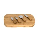 A wooden cheese board set with four pieces: a cheese knife, a fork, a flat cheese spatula, and a small cheese cleaver. All utensils have matching wooden handles, arranged neatly on the rectangular board.