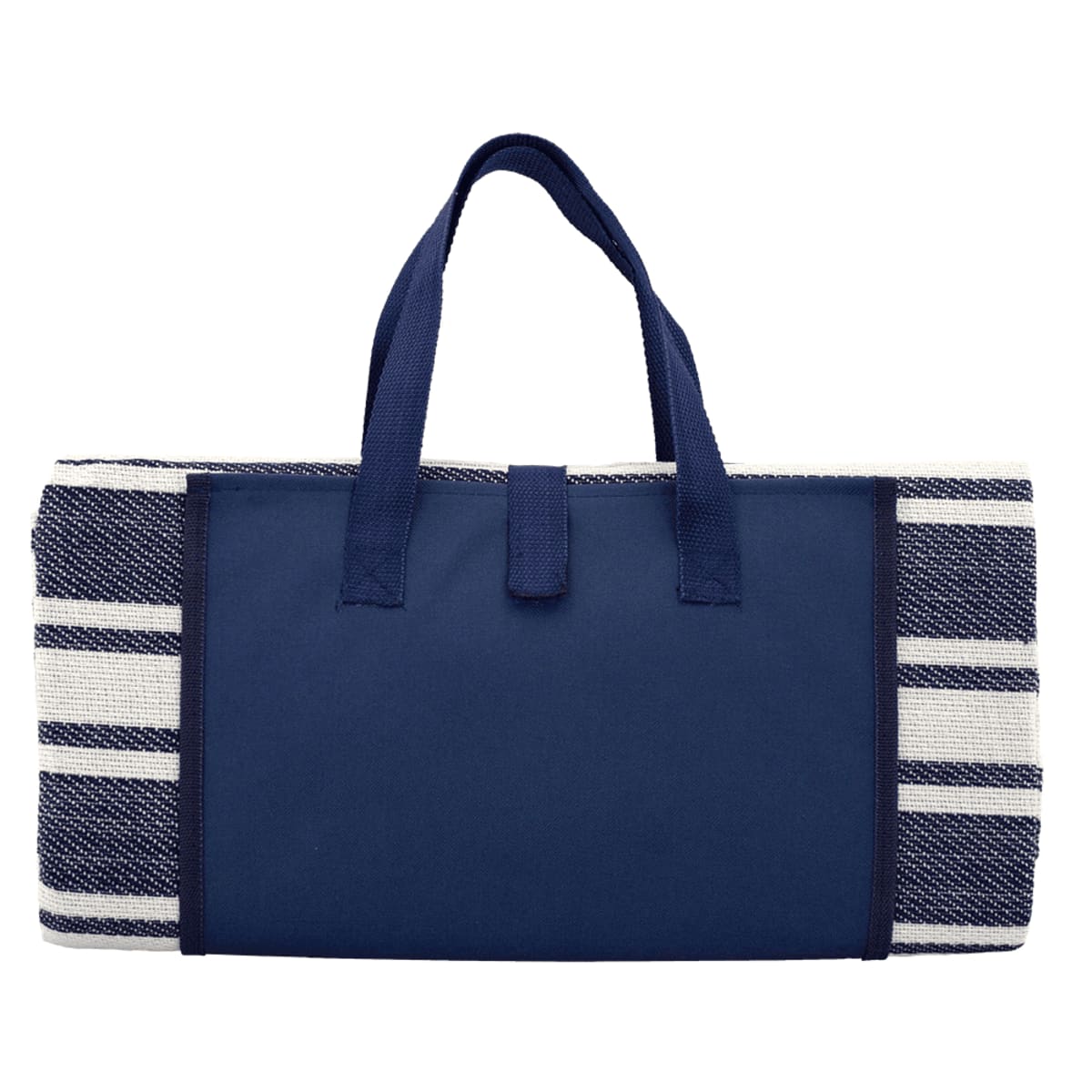 A folded blue and white striped beach towel with attached handles, resembling a tote bag. The stripes are evenly spaced and the handles are stitched to the fabric, making it easy to carry.