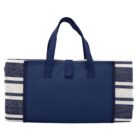 A folded, striped picnic mat with a navy blue fabric center and carrying handles. The mat features alternating blue and white stripes on the ends and is secured with a matching navy strap in the middle.