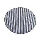 Round rug with vertical black and white stripes, resembling a classic pinstripe pattern. The stripes alternate evenly across the entire surface, creating a simple and elegant design.