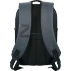 A black and gray backpack shown from the back, highlighting its shoulder straps and top handle. The left strap features a large Z design.