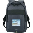 A gray backpack with a front zipper pocket and a rectangular patch displaying the OneStream logo and the words Unified Financial Intelligence. The backpack has padded shoulder straps and a top handle.
