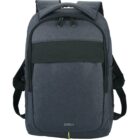 A gray backpack with black accents and black shoulder straps. It features a front zipper pocket, a horizontal black band, and a main compartment. The brand name Zoom is printed on the bottom front in white.
