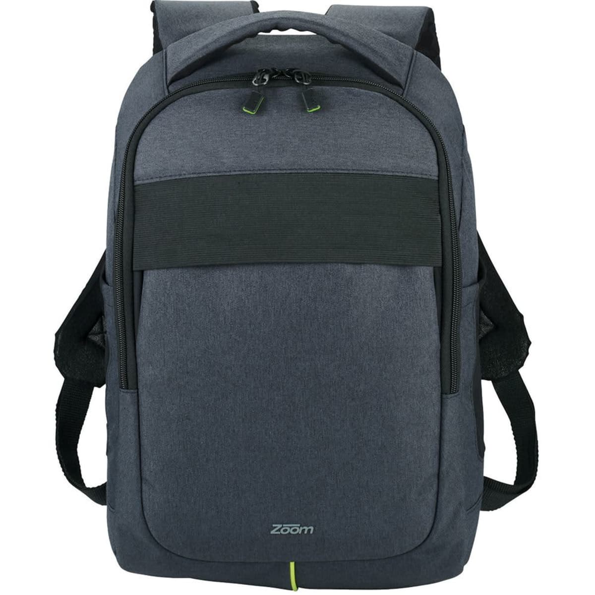 A gray backpack with black accents and black shoulder straps. It features a front zipper pocket, a horizontal black band, and a main compartment. The brand name Zoom is printed on the bottom front in white.