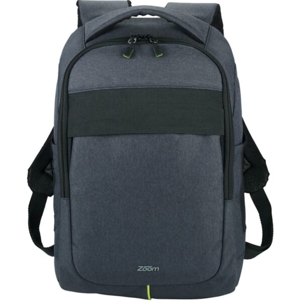 A sleek, dark gray backpack with black straps and a black horizontal band on the front. It features a top zippered compartment and a small logo at the bottom, adding a stylish touch.