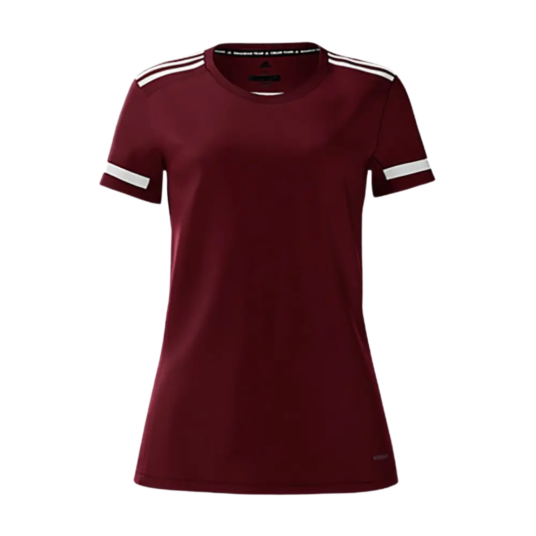 Adidas 3-Stripe Womens T-Shirt in burgundy with iconic stripes on shoulders and sleeves.