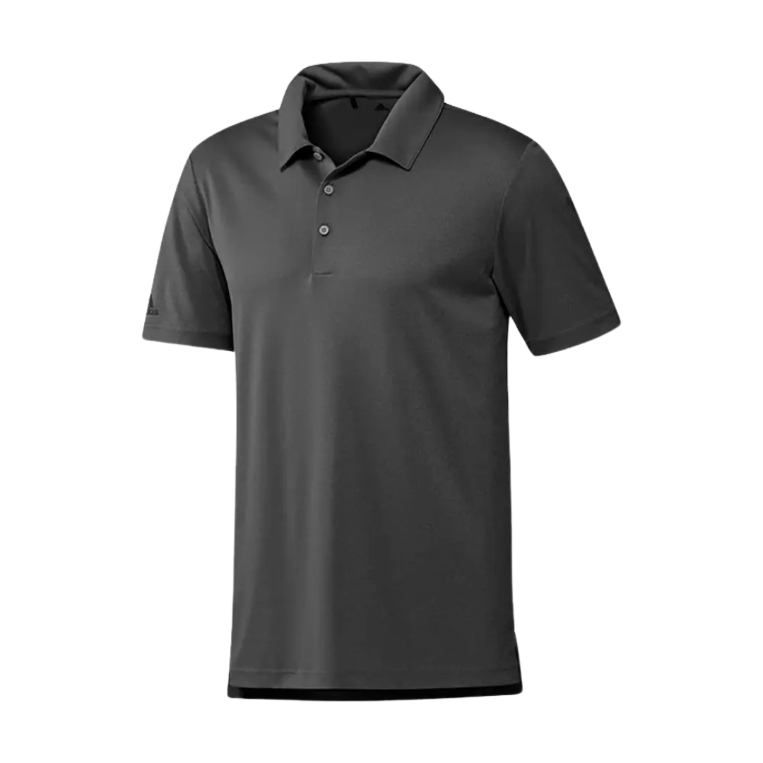 Adidas Golf Heathered Mens Polo: dark gray, short sleeves, three buttons.