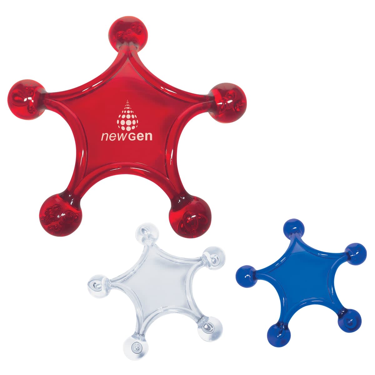 Three star-shaped massagers: one large red with newgen logo, one medium clear, and one small blue. Each has rounded ends for grip and massage functionality.
