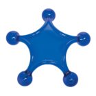 Blue hand massager in a star-shaped design with five rounded nodes at the ends of each point. It is made of transparent plastic and is used for applying pressure to relieve muscle tension.