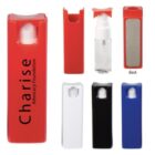 Various views of a pocket-sized red spray bottle with a clear liquid, mostly with a flat rectangular shape. The bottle has Charise Advocacy Foundation written on the front. Available in red, white, black, and blue.