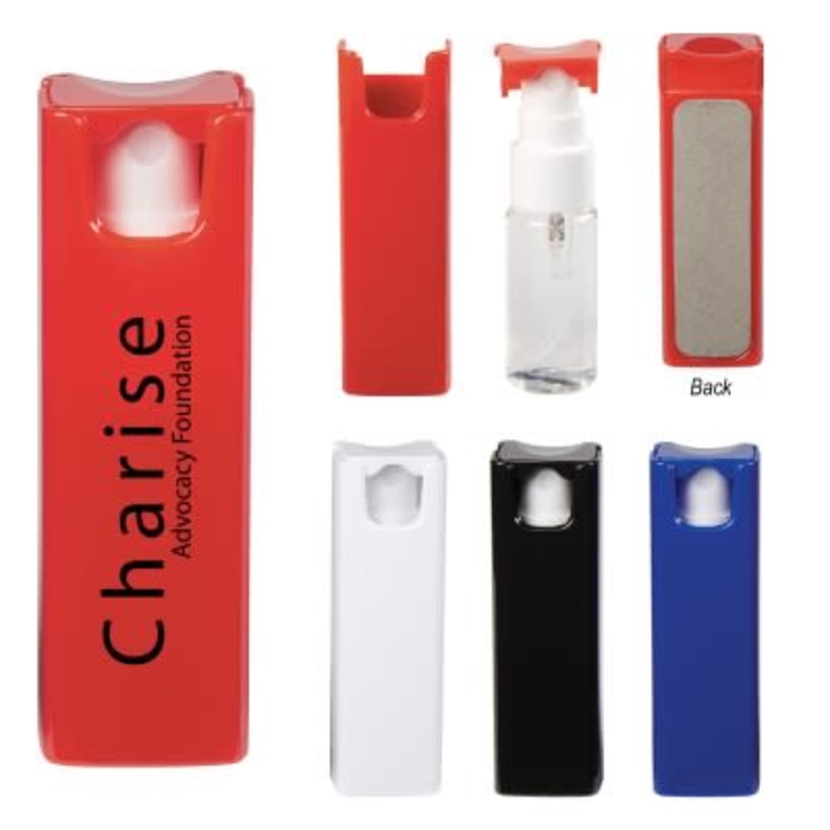 Various views of a pocket-sized red spray bottle with a clear liquid, mostly with a flat rectangular shape. The bottle has Charise Advocacy Foundation written on the front. Available in red, white, black, and blue.