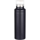 A sleek, matte black stainless steel water bottle with a silver rim near the top and a transparent plastic lid. The bottle is upright against a white background.