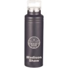 A dark gray insulated water bottle with a silver lid, featuring a logo with Burger House and the text Eating & Drink above it. The name Madison Shaw is engraved below the logo.
