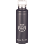A tall, sleek black metal water bottle with a clear lid. It features the text EATING & DRINK, BURGER HOUSE with decorative elements on the front, and Jason Moore is printed near the bottom.