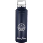 A dark blue insulated water bottle with a silver cap and handle. It features a Burger House logo in white with the text Eating & Drink above it. Below, the name Greg Jones is printed.
