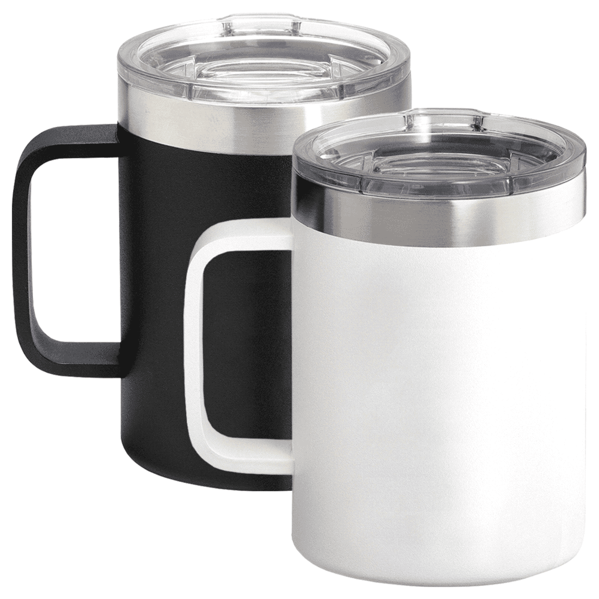 Two insulated mugs with clear plastic lids are shown. One mug is black, and the other is white. Both have a sleek design with metallic rims and feature sturdy handles.
