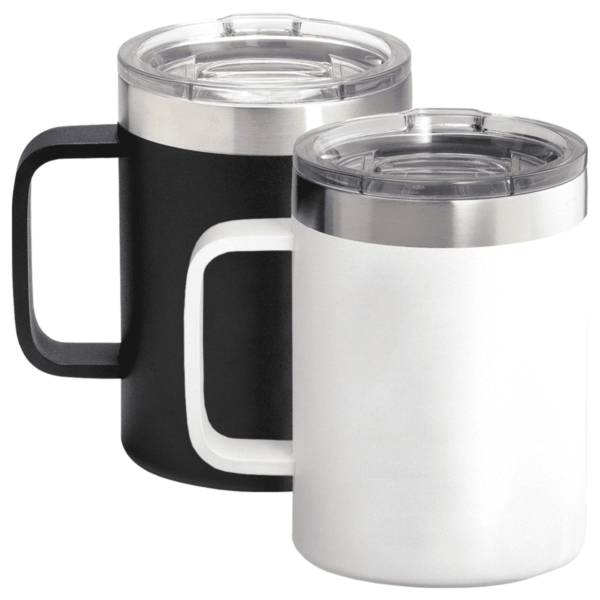 Two insulated travel mugs with clear lids. The mug in front is white; the one behind is black. Both have a sturdy handle and a silver band near the lid. The lids appear to be spill-resistant.