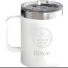 White insulated mug with a transparent lid, featuring the text Burger House with a burger logo and the name Roxie below.