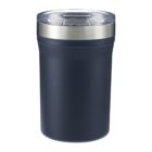 A dark-colored insulated tumbler with a transparent lid and metallic trim. The tumbler has a sleek, smooth finish and appears to be designed for hot or cold beverages.
